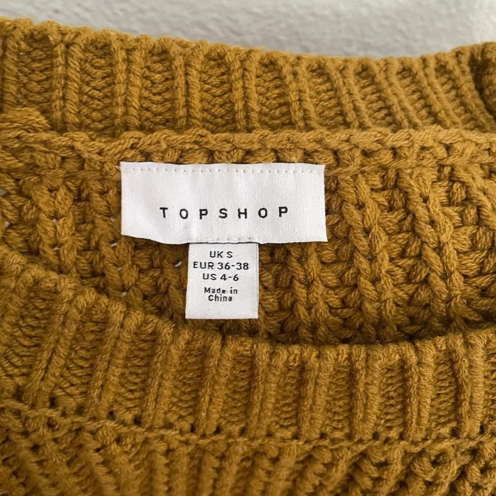 Topshop‎ Mustard Yellow Chunky Knit Cropped Sweater Pointelle Chevron Womens S